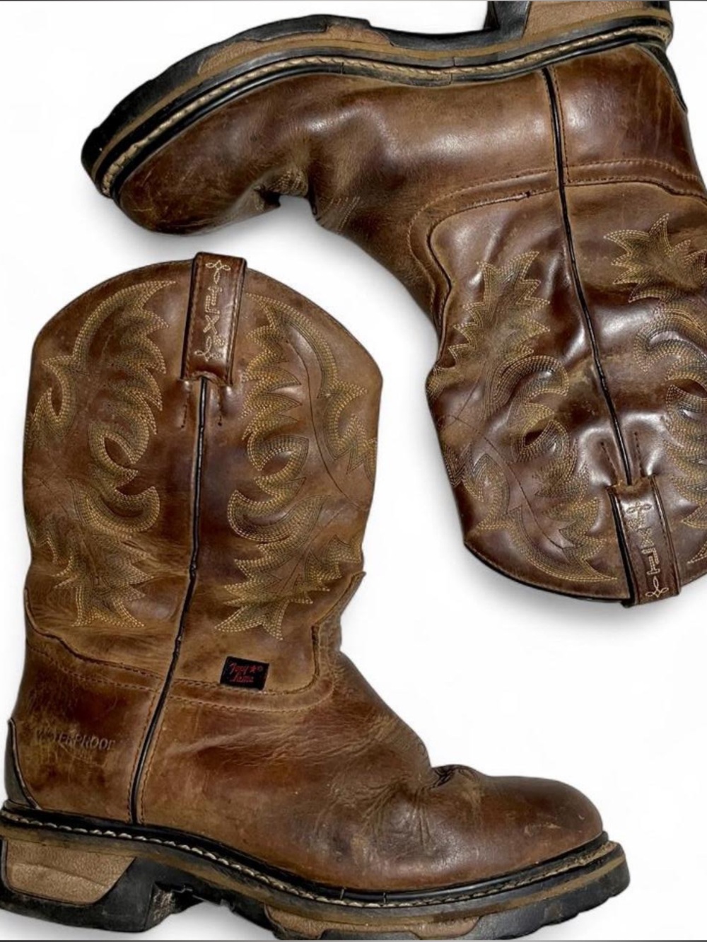 Vintage Tony Lama Brown Leather Western Work Boots with Stitch Detail